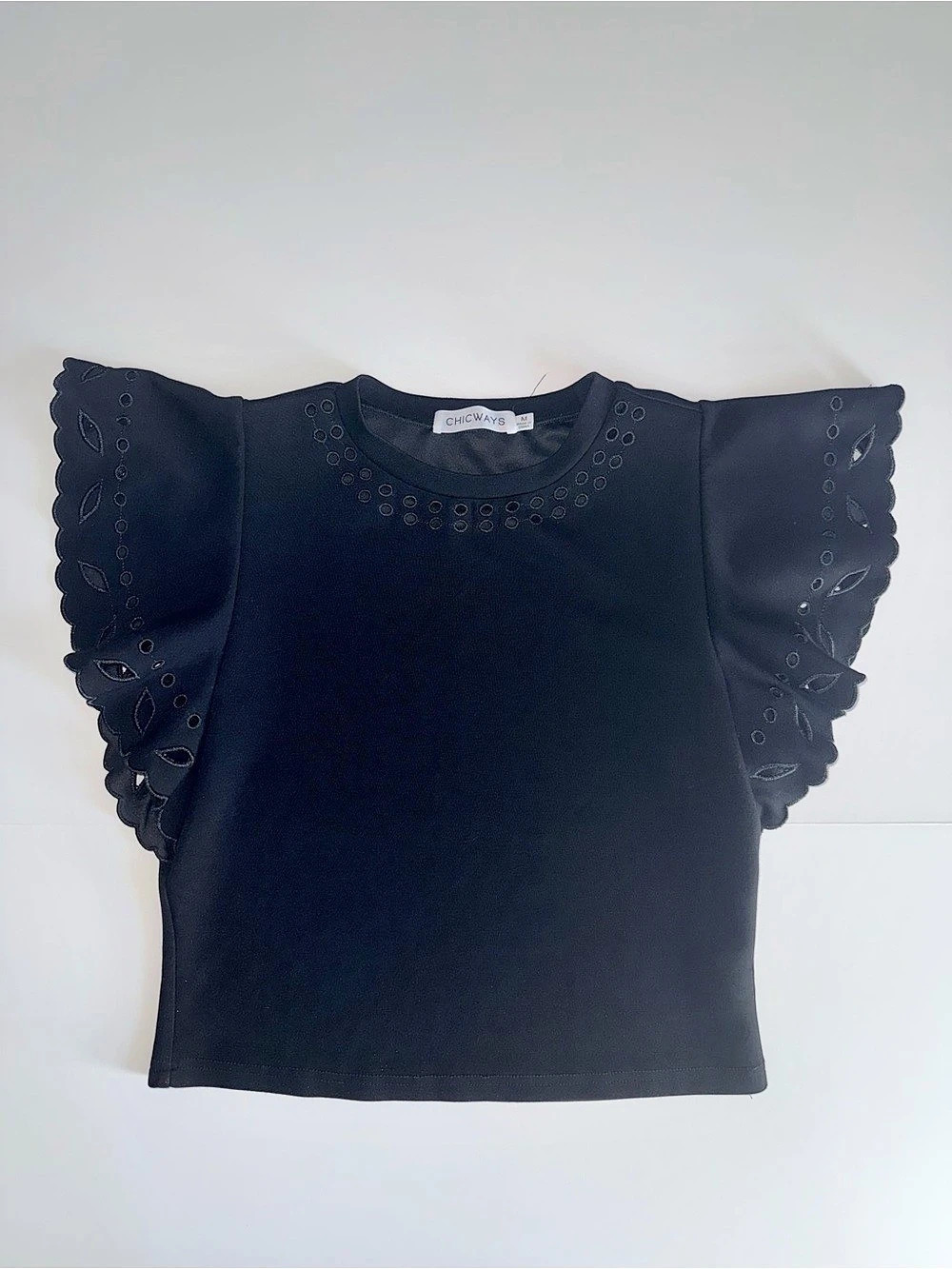 CHICWAYS Eyelet Flutter Sleeve Top in Black Size Medium